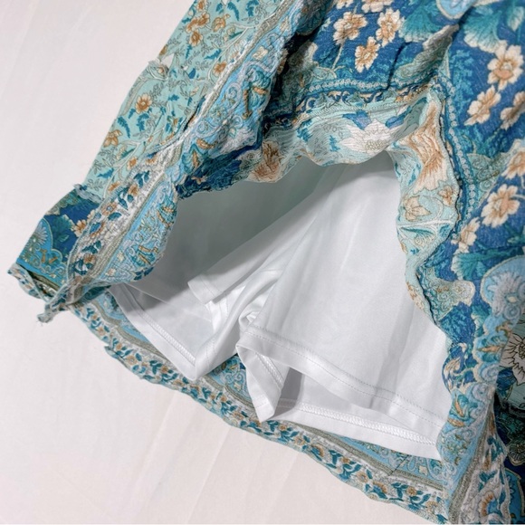 Cleo Green Blue Cream Orange Floral Tiered Ruffle Hem Mini Skirt Skort M - Picture 8 of 12